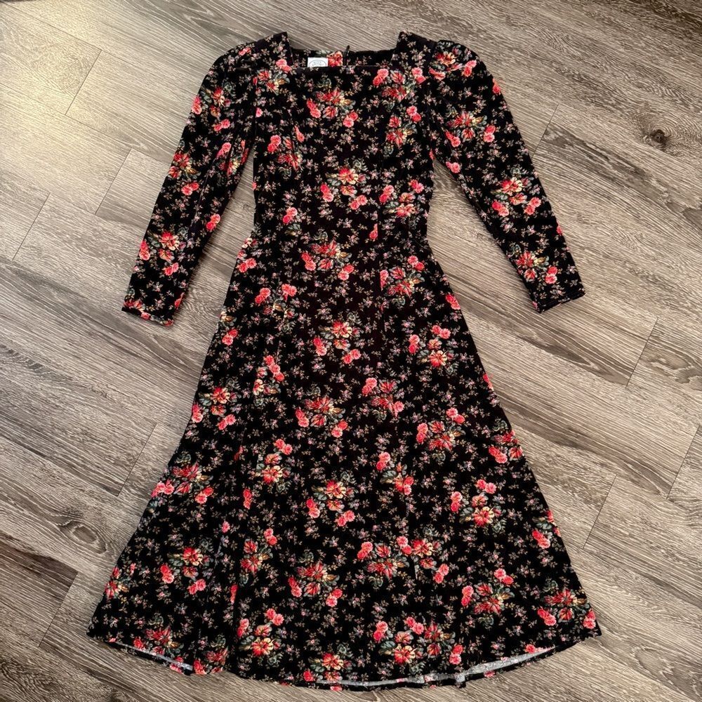 Laura Ashley Vintage 80s Black Floral Corduroy Dress